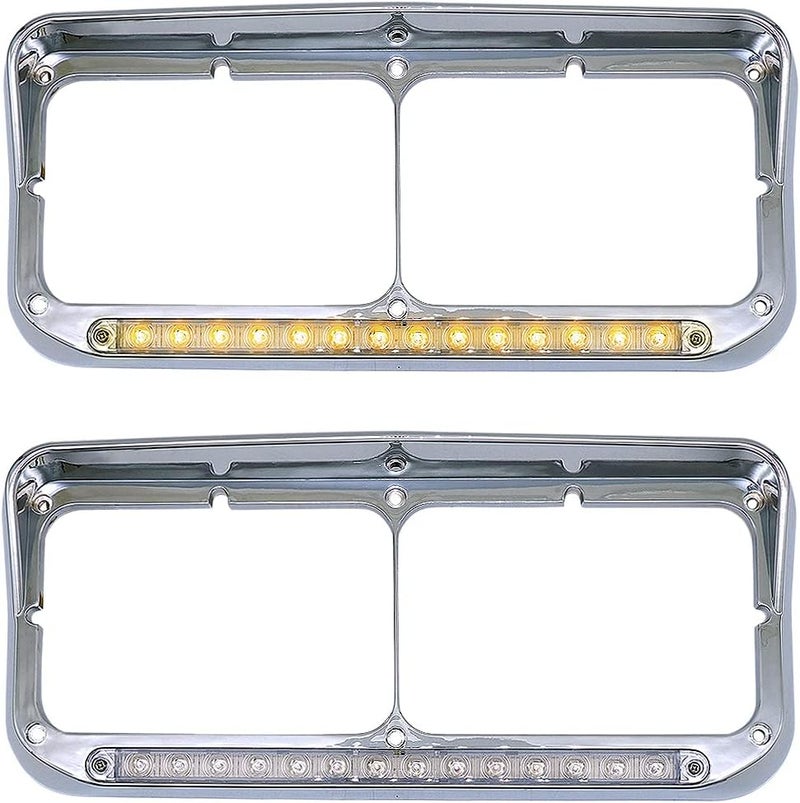 LEAVAN 2x Chrome Headlight Bezels 12" Amber LED Light with Visor 4x6 Light Strip Replacement for Kenworth T400 T600 T800 W900B W900L Peterbilt 378 379 Western Star 4900 Trucks (Clear Lens+Amber LED) - Image 1